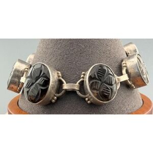 Vintage Bracelet Carved Rock Quartz Sterling Silver Clovers Crystal Smoky Quartz